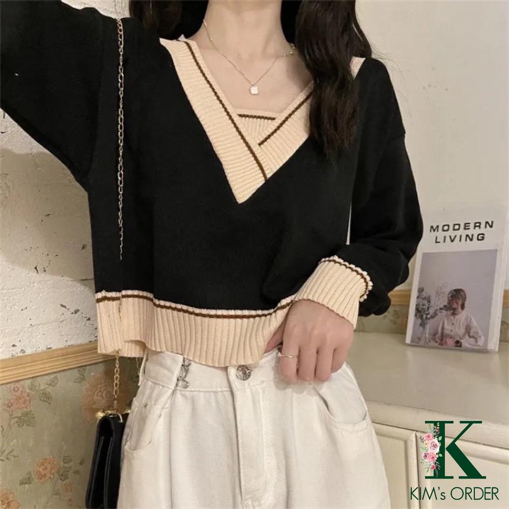 Áo Len Nữ Croptop Cổ Chữ V Màu Xanh Đen Trắng Be Xám Dài Tay Phong Cách Ulzzang Hàn Quốc Loại Đẹp Hàng Quảng Châu