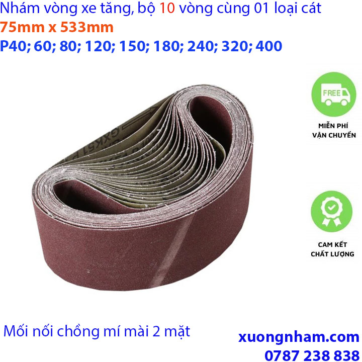 Đai nhám vòng xe tăng 75mmx533mm, bộ 10 sợi, vải nhám GXK51, mối nối chồng mí mài 02 mặt