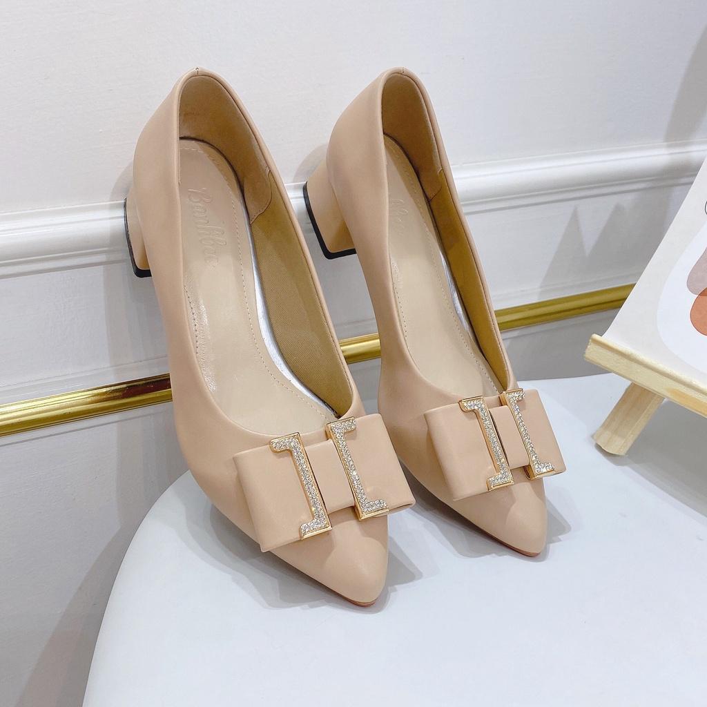 Giày Cao Gót Nữ Mũi Nhọn  gót vuông cao 3p khóa chữ H nữ tính