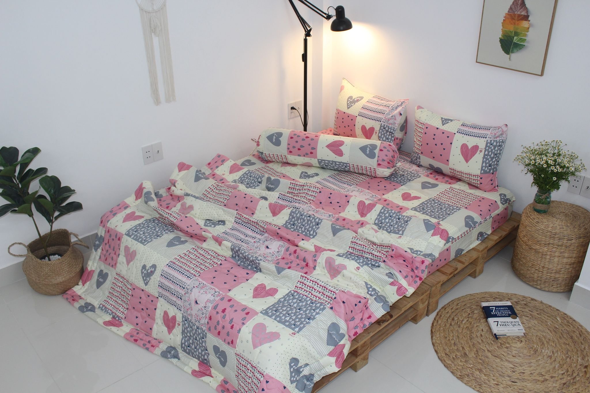 Bộ drap gối KHA LY - 100% cotton thiên nhiên - Ô vuông tim hồng - VN242