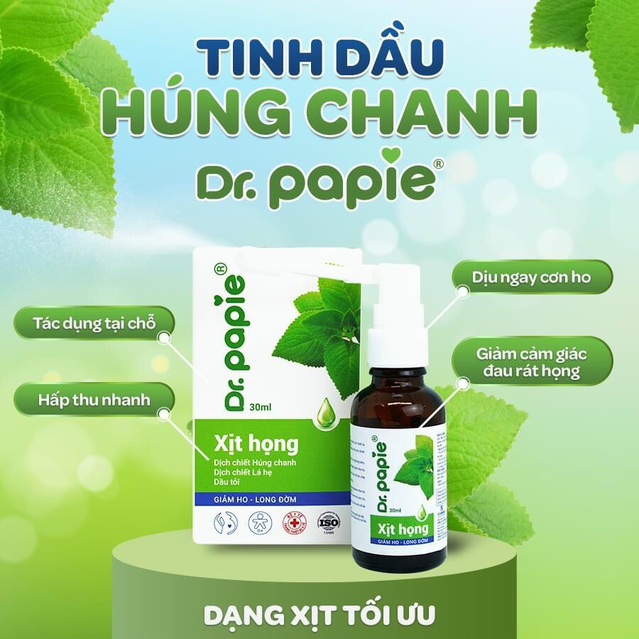 Xịt họng Dr.Papie 30ml hỗ trợ trong viêm đường hô hấp có kèm theo ho, giúp long đờm, dịu cơn ho, đau rát họng, đau rát amidan.