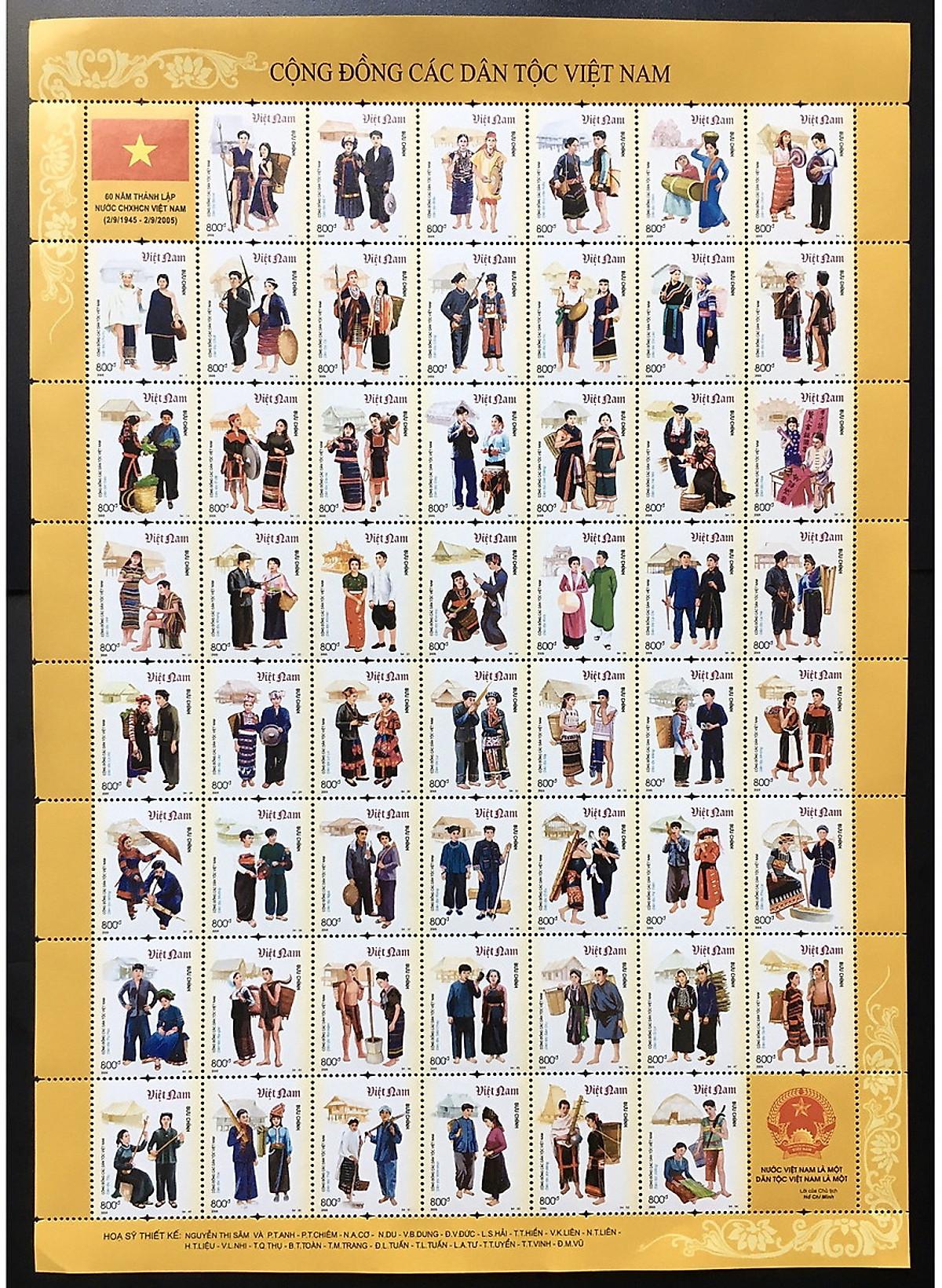 Bộ tem 54 dân tộc Việt Nam sưu tầm - Gồm 56 con tem chưa xé dính liền nguyên tấm - Quà tặng độc lạ