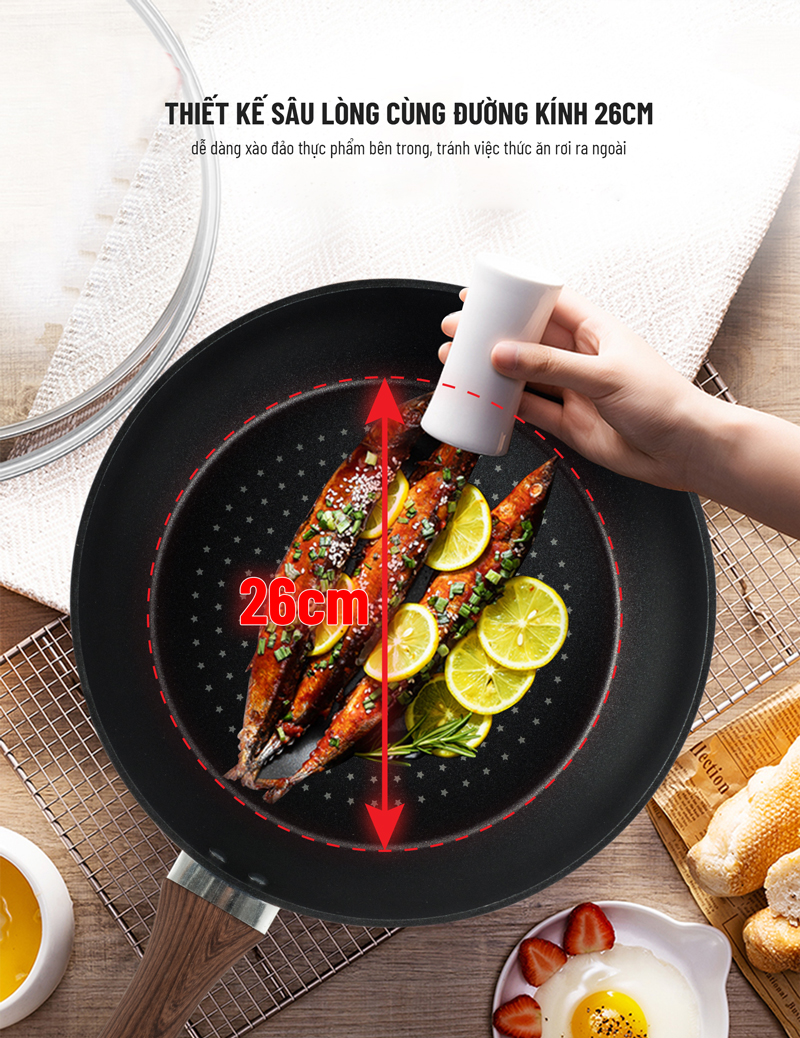 Chảo Sâu Lòng NAG2653 Đáy Từ 5 Lớp Chống Dính Vung Kính Siêu Bền Nagakawa - Dùng Trên Mọi Loại Bếp - Hàng Chính Hãng