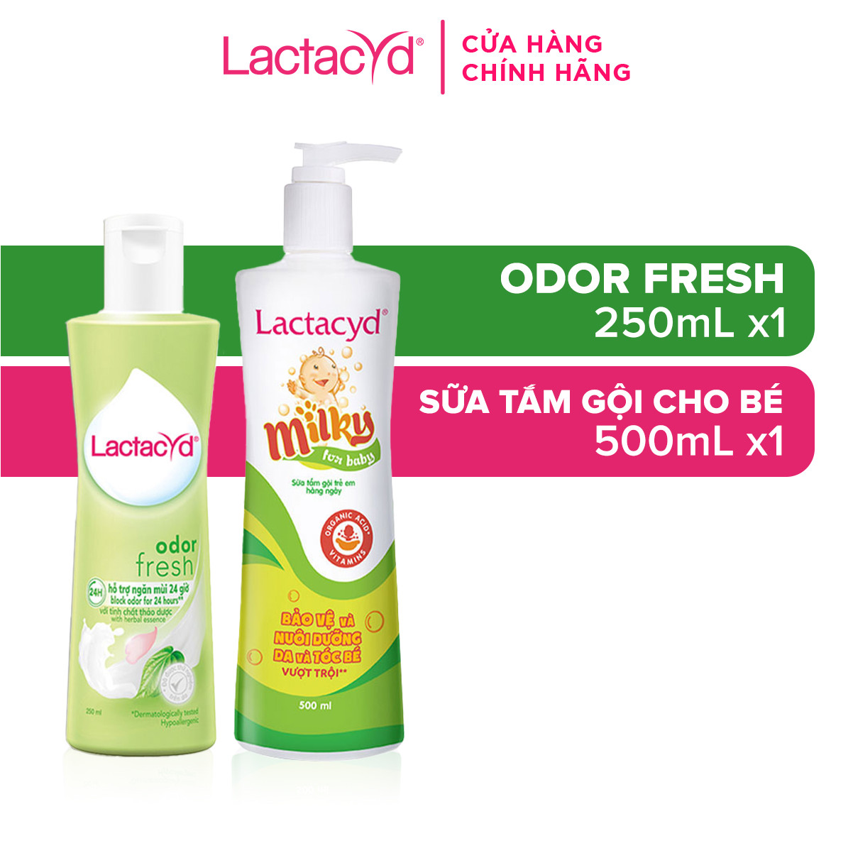 Bộ Dung Dịch Vệ Sinh Phụ Nữ Lactacyd Odor Fresh Ngăn Mùi 24H 250ml + Sữa Tắm Gội Trẻ em Lactacyd Baby Extra Milky 500ml