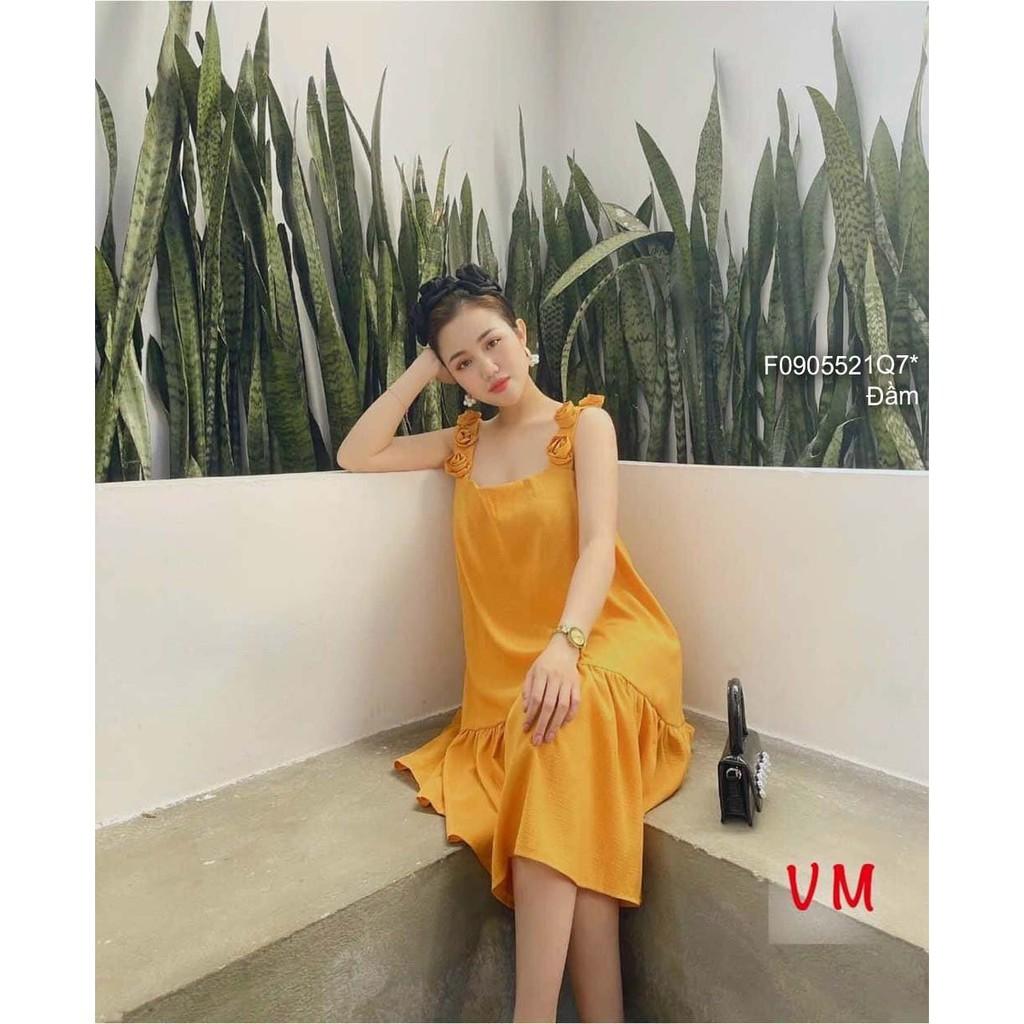 Đầm dáng suông phối đuôi bèo 2 dây đính hoa nổi!