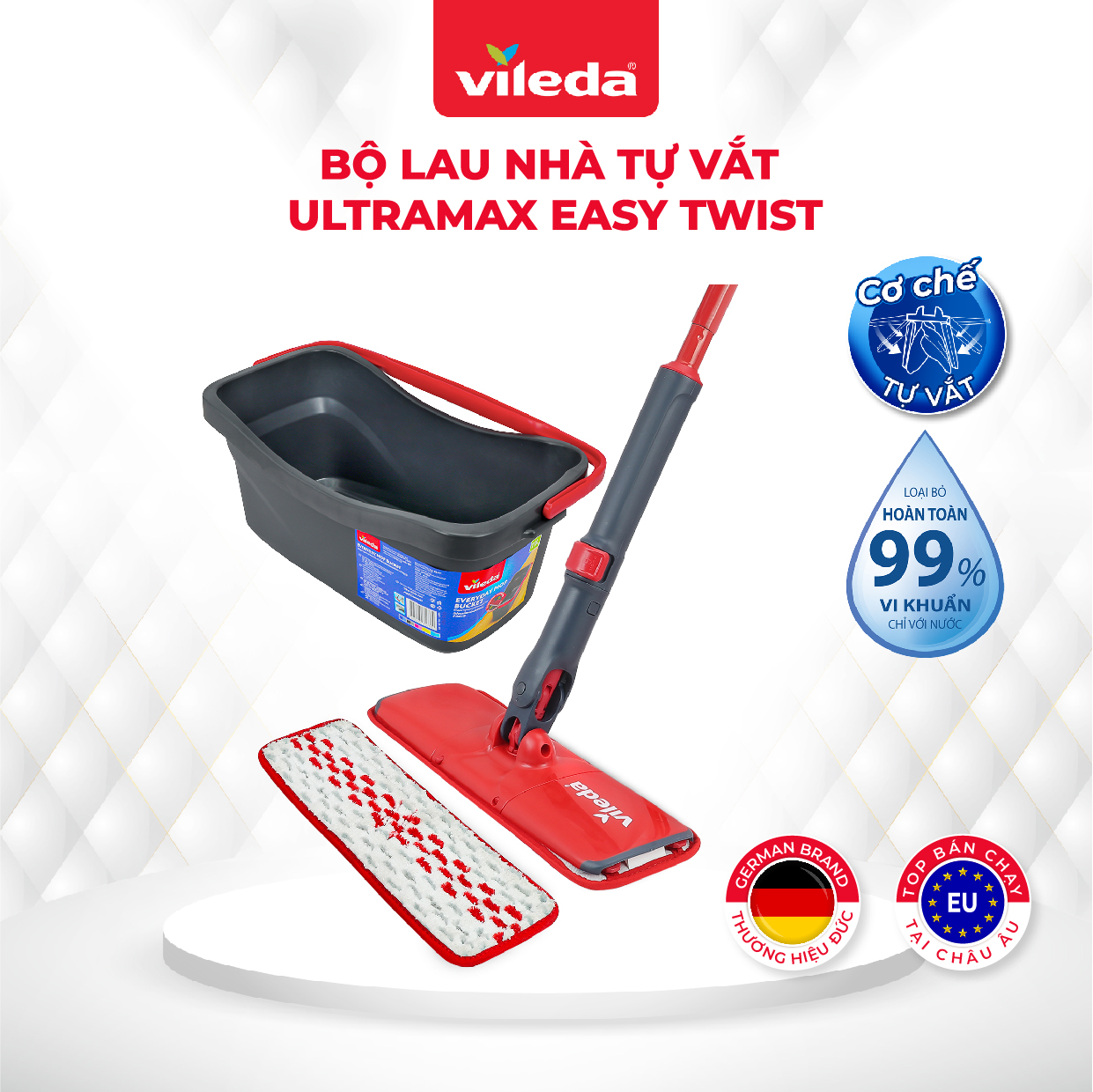 Cây lau nhà thông minh tự vắt VILEDA UltraMax Easy Twist gồm xô giặt, công nghệ Powerzone sạch sâu các loại mặt sàn