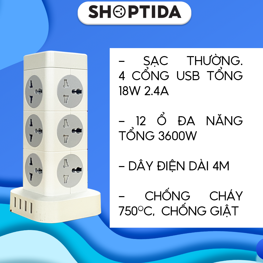 Ổ  điện đa năng shoptida hình tháp nhiều tầng T8/ T12 chịu tải 3600W, an toàn chống cháy chống giật, dây dài 3m và 4m