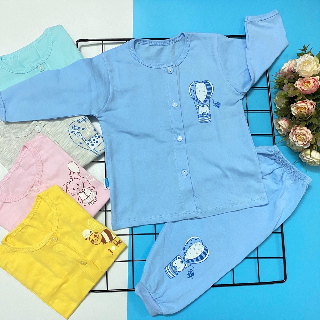 Combo 3 Bộ áo quần sơ sinh cotton Thái Hà Thịnh | Mẫu Tay Dài Cài Nút Giữa | Size 1,2,3,4,5 cho bé sơ sinh -12kg| Chất vải mềm, mịn, đẹp