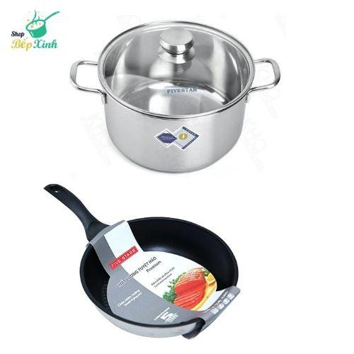 Bộ nồi chảo chống dính Fivestar 3 đáy từ nắp kính ( tặng 2 vá canh )