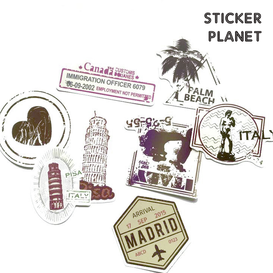 Bộ sticker chủ đề retro visa stamp chống thấm nước trang trí mũ bảo hiểm, đàn, guitar, ukulele, điện thoại laptop