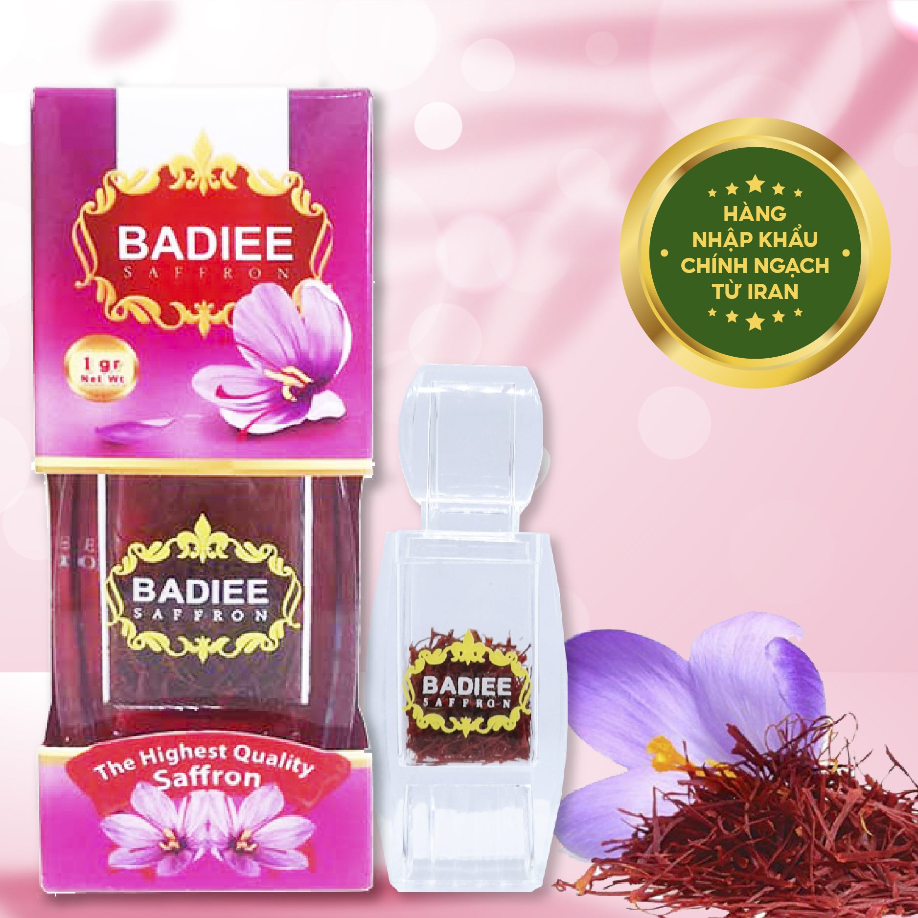 BADIEE Saffron Nhụy Hoa Nghệ Tây Iran, Lọ 1gram, Super Negin, tem kiểm định mộc đỏ, hàng Công ty nhập Chính Ngạch