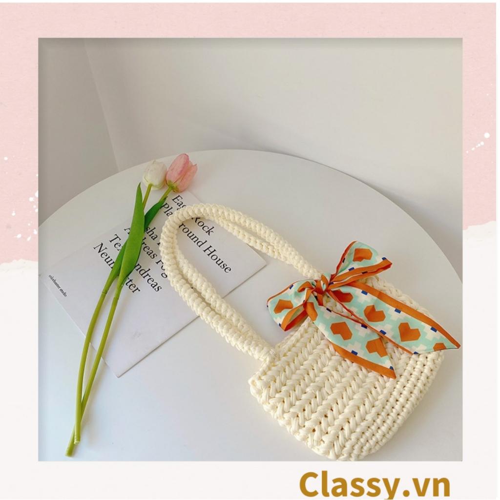 Túi làm từ sợi len nhiều màu pastel Classy, quai xách chắc chắn có đính kèm nơ thời trang T1240