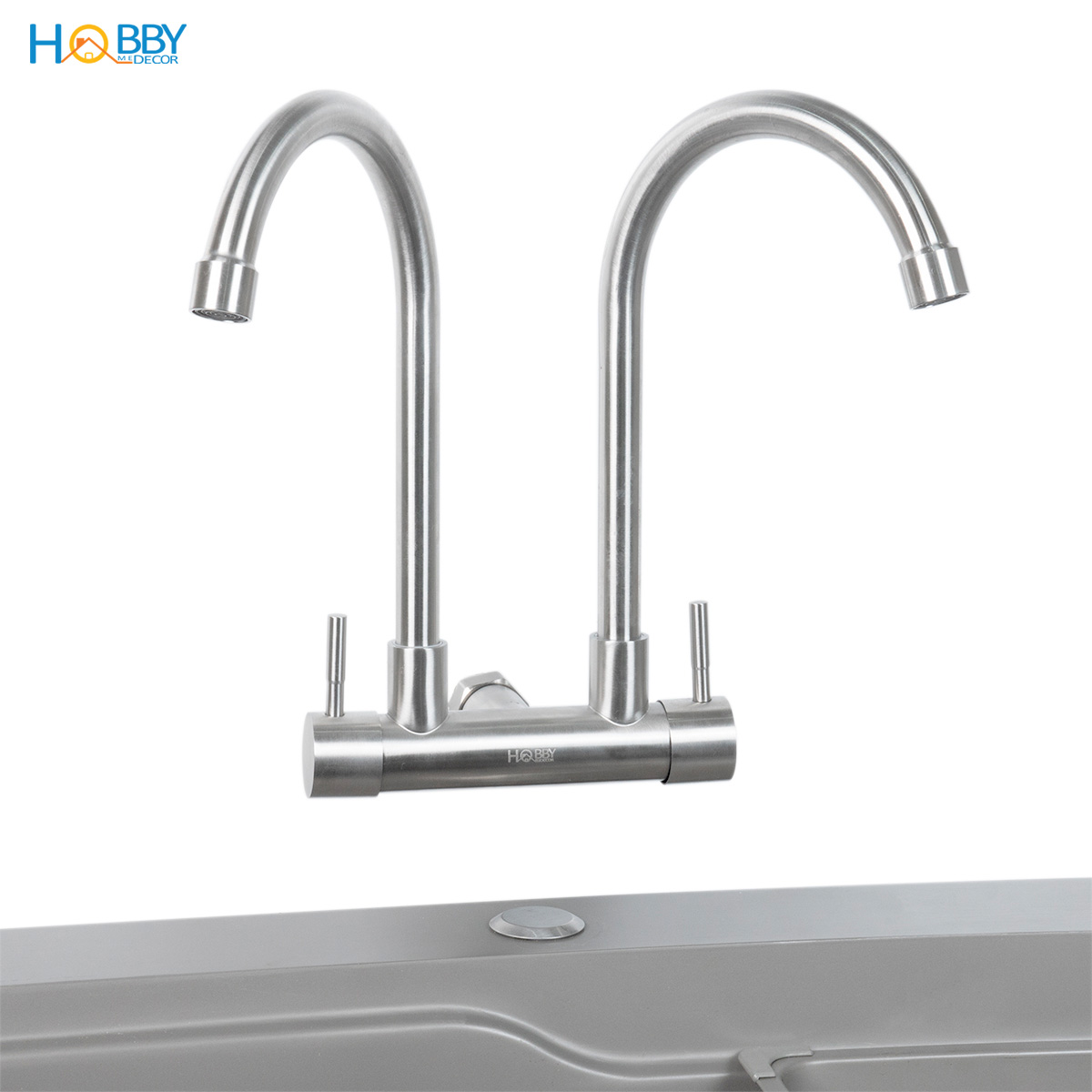 Vòi rửa chén gắn tường 2 đầu xả inox 304 Hobby home decor G2D