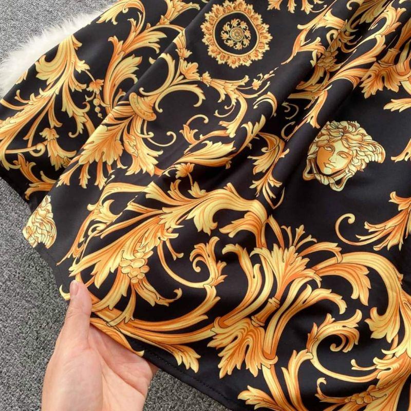 HÀNG NHẬP - ĐẦM XÒE LỤA IN HOA VĂN VÀNG CỔ SƠ MI TAY DÀI