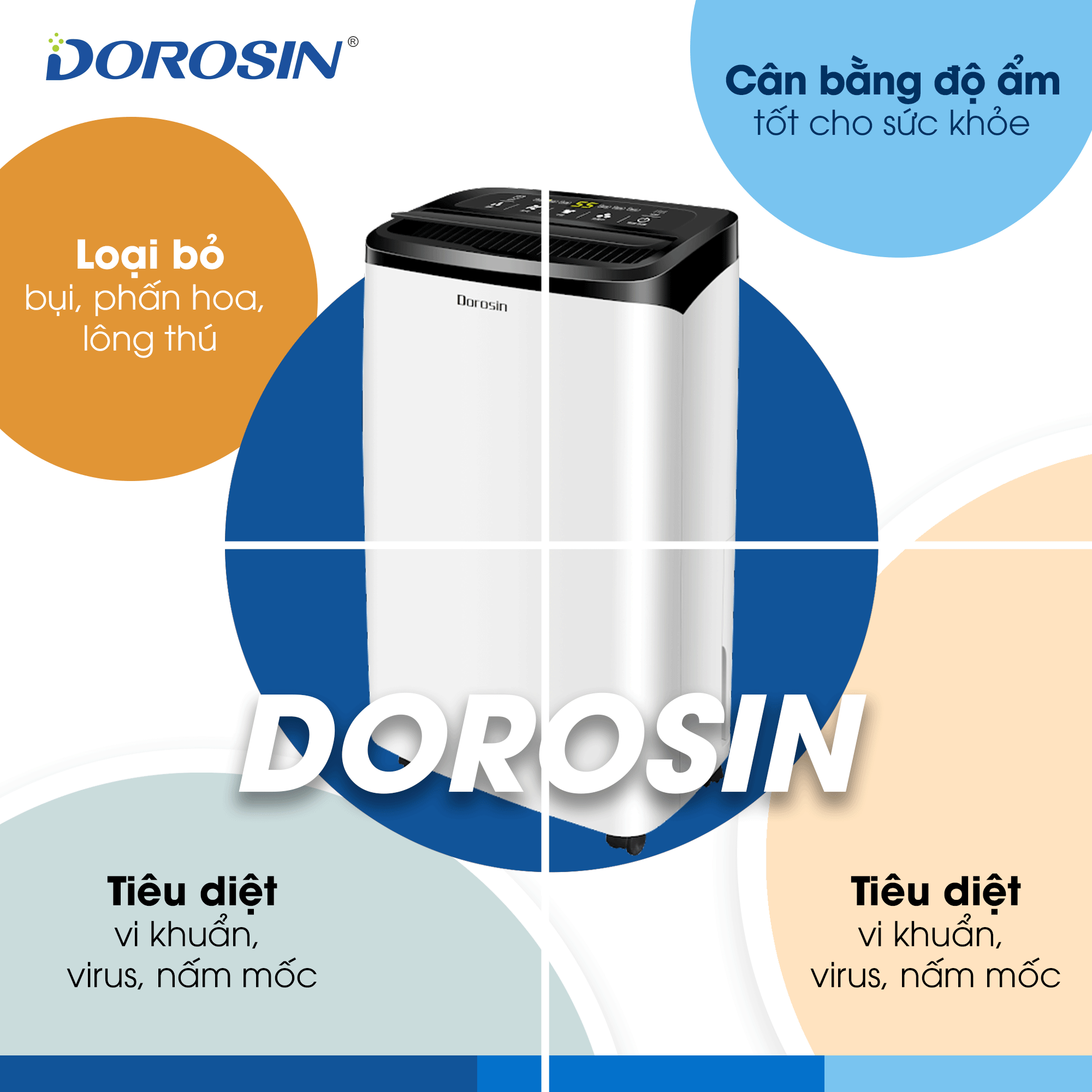 Máy hút ẩm gia dụng chính hãng Dorosin 618C (40m2)/Công suất hút ẩm 18 lít /ngày - Cảm biến điện tử thông minh - Độ ồn thấp