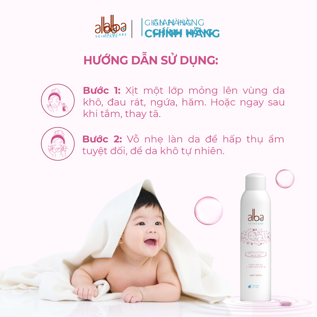 Xịt khoáng trẻ em Alba Skin Care - Chống hăm khô rôm sẩy do bỉm giúp da bé mịn màng - 300ml