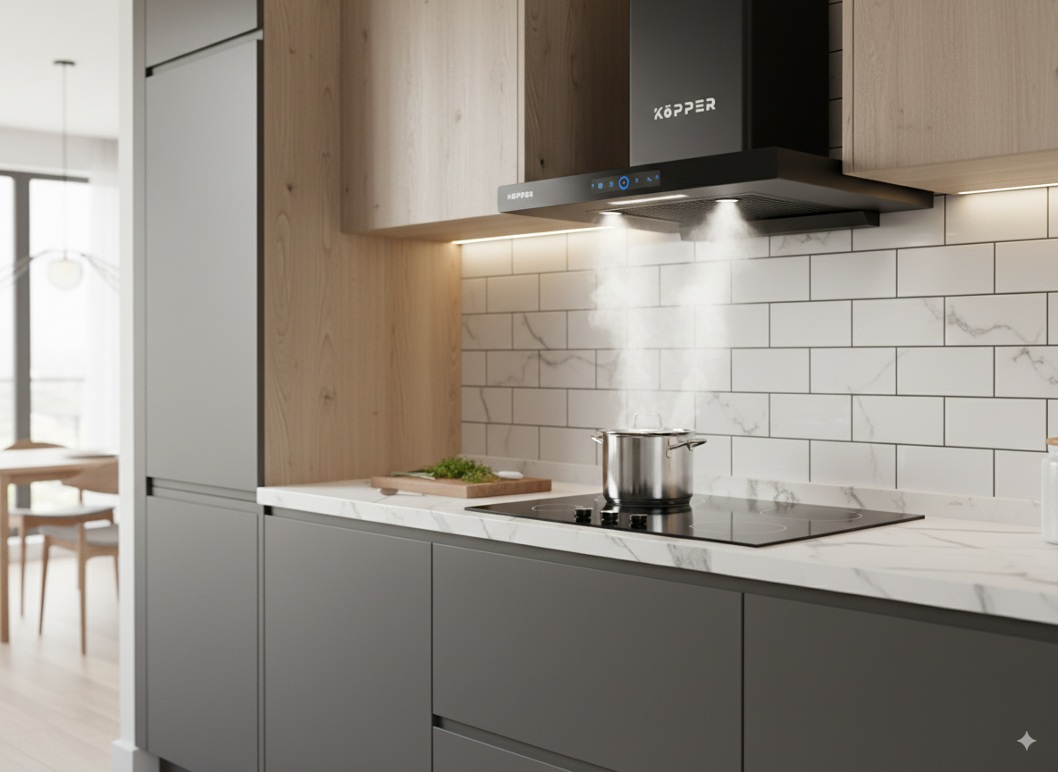 Kopper Hút Mùi Thông Minh KPT8 Công Suất Lớn 1800m3/h Có Sấy Dầu Tự Động Màn Hình Cảm Ứng Tiếng Ồn <50dB Đèn LED 1 Đèn Lớn Quạt Li Tâm Cánh Thép Động Cơ Đồng Hàng Chính Hãng