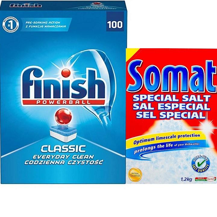 Bộ viên rửa bát finish hộp 100 viên và hộp muiối làm mềm nuớc somat 1,2kg ( Đức )