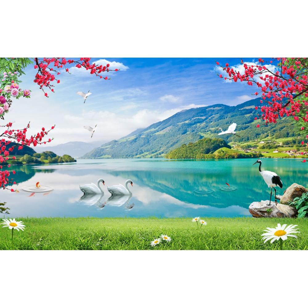 Tranh dán tường 3d hiện đại tranh sơn thủy, phong cảnh thiên nhiên uyên ương và hồng hạc MS1380925745