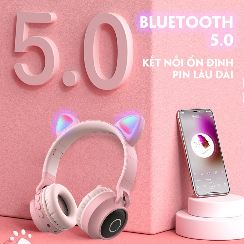 Tai nghe Bluetooth chụp tai mèo bản nâng cấp không bị rè, sáng nhiều màu - Hàng chính hãng