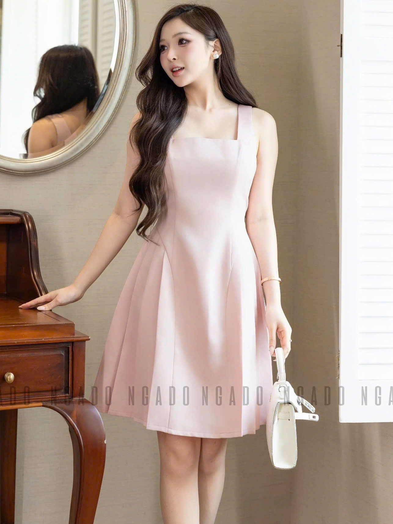 Đầm hồng cổ vuông xếp ly NGADO , đầm xếp ly , đầm dự tiệc , công sở