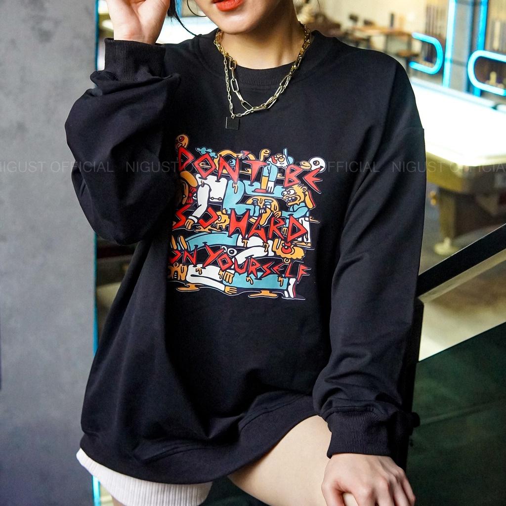 Áo sweater nam nữ local brand NIGUST Hard On Yourself N107 chất liệu nỉ da cá form rộng màu đen trắng Fullbox