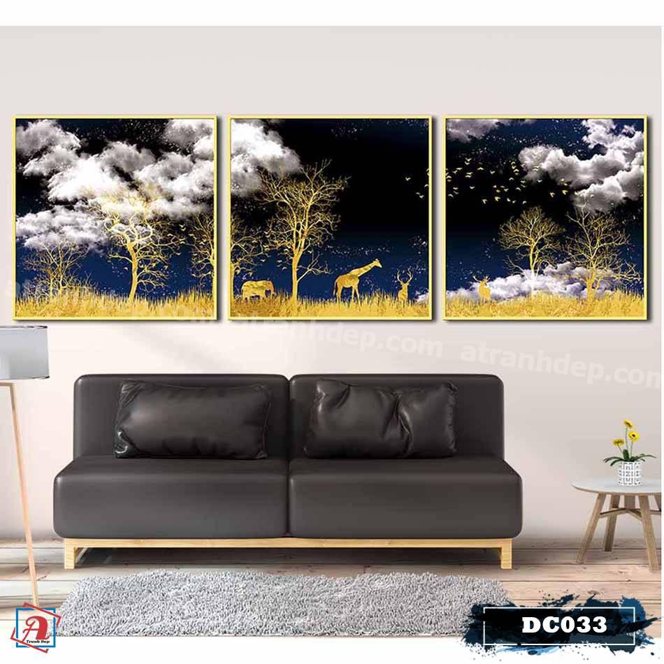 Bộ 3 tranh canvas treo tường Decor họa tiết cách điệu hươu và rừng cây, phong cách hiện đại – DC033