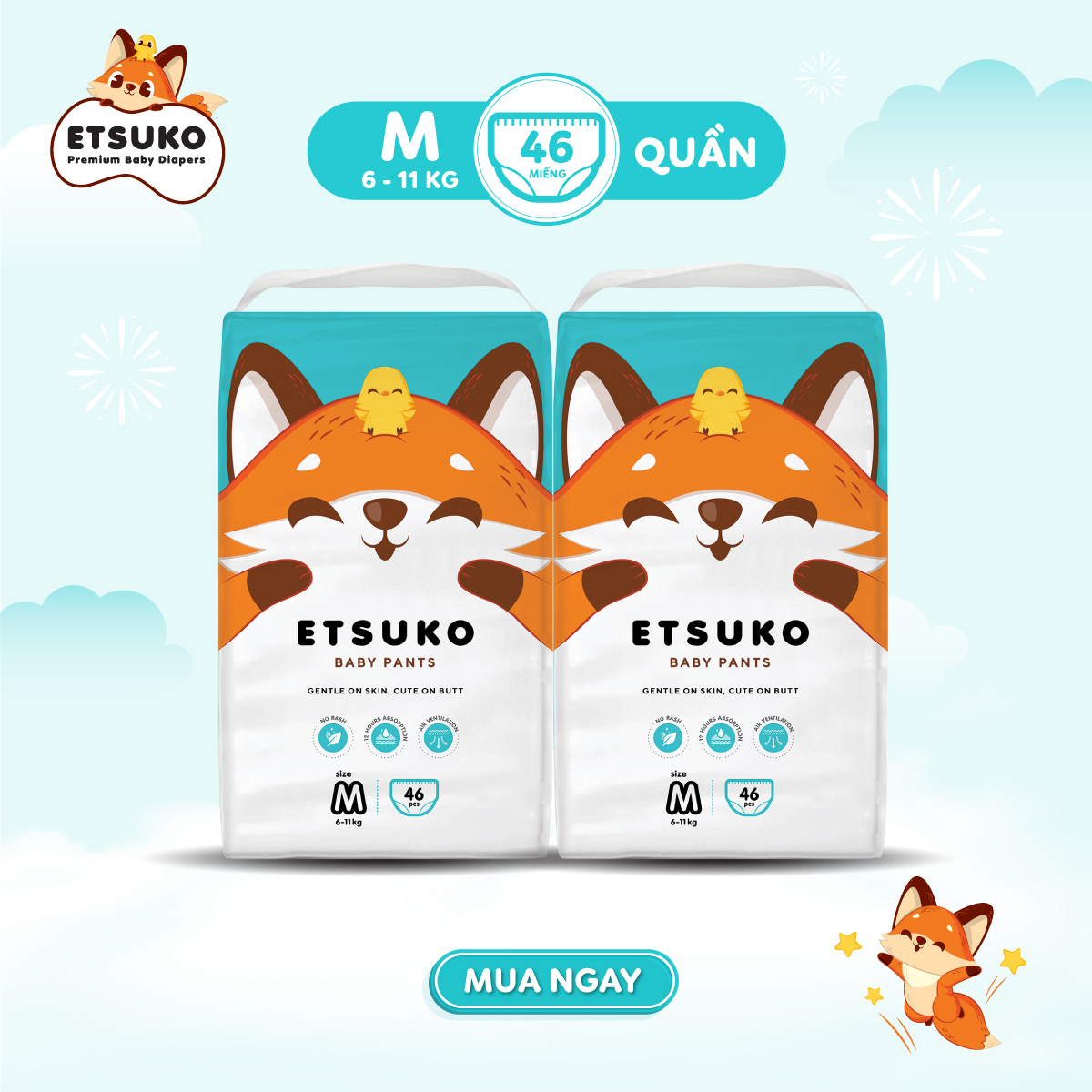Combo 2 bịch tã quần Etsuko size M 46 PCS