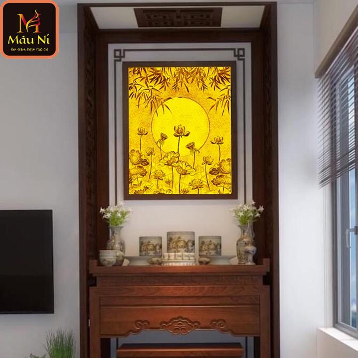 Tranh trúc chỉ in MÂU NI, kt 61x81cm dọc, Sen đài