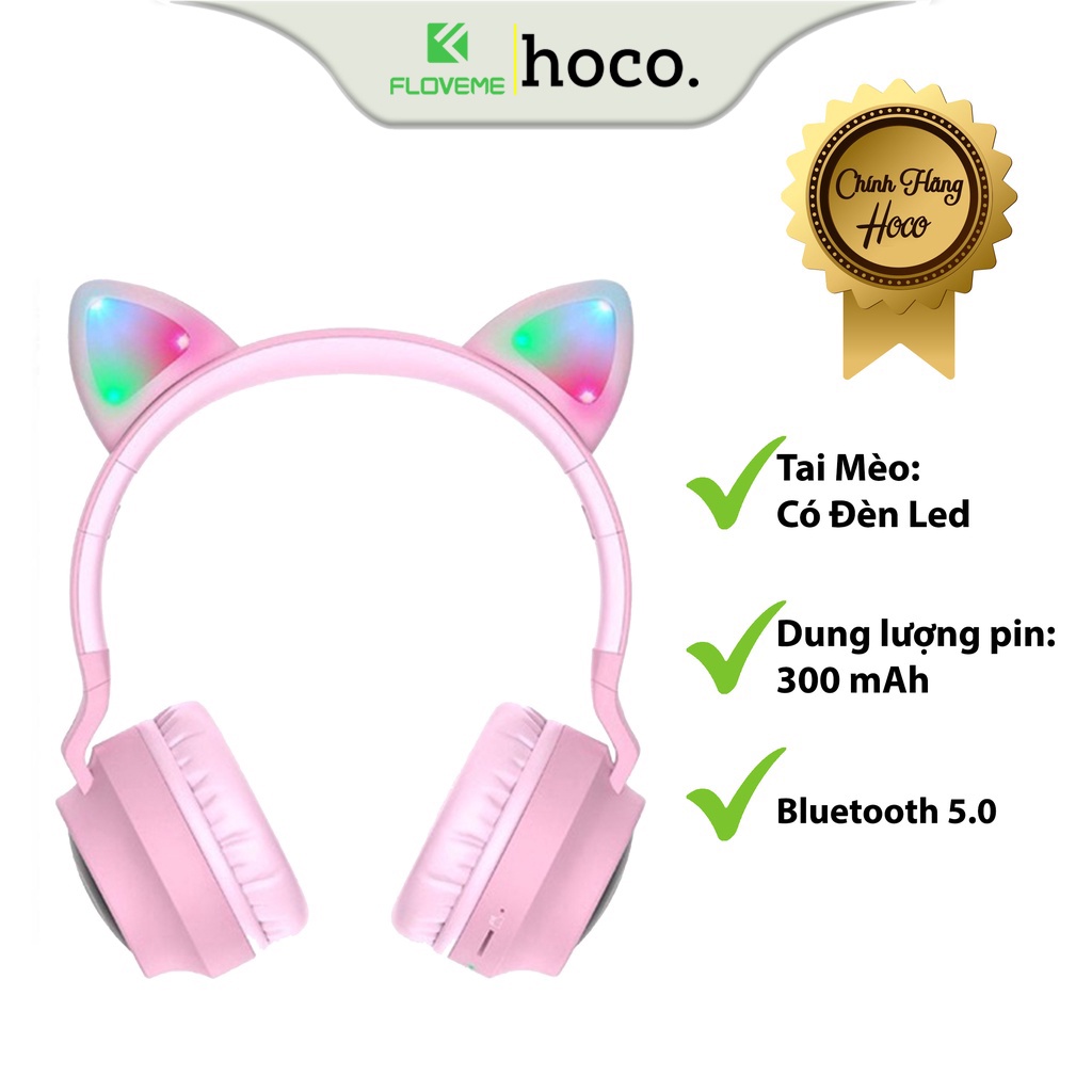 Tai Nghe Chụp Tai Bluetooth Dành Cho Hoco W27, Tai Mèo Phát Sáng, Hỗ Trợ Kết Nối, Dây AUX 3.5mm, Âm Thanh Trong Trẻo - Hàng Chính Hãng.