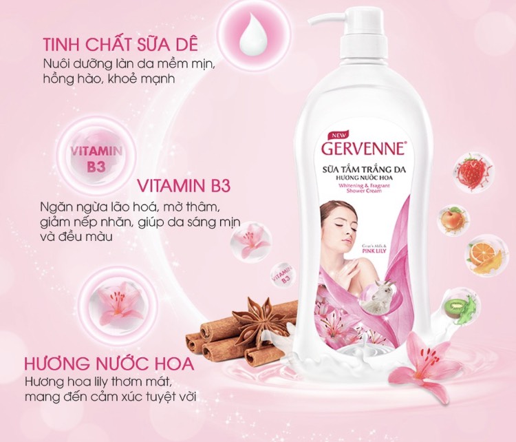 Sữa tắm trắng da Gervenne Pink Lily 1.2 Lít - Tặng Túi sữa tắm 450gr