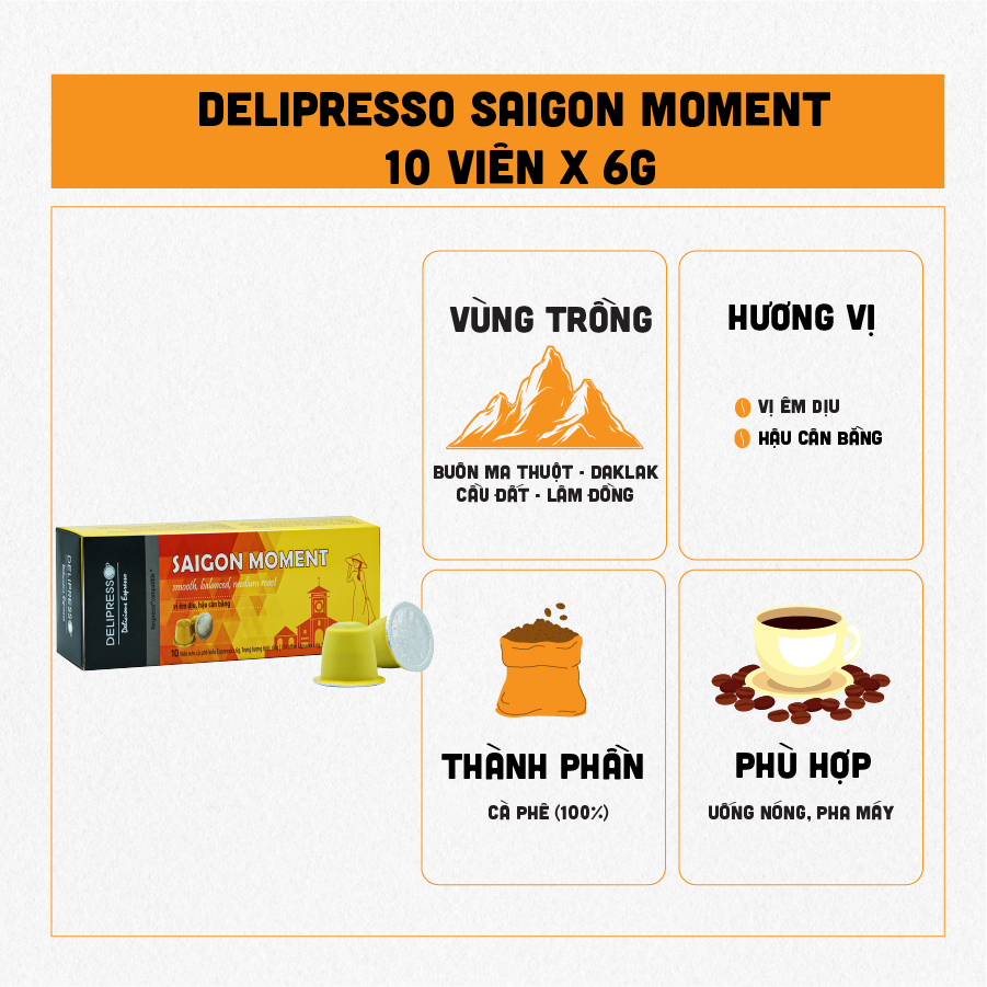 Cà phê viên nén Delipresso Sài Gòn Moment 10 viên x 6g - Viên nén cà phê - Cà phê pha máy - Phương Vy Coffee
