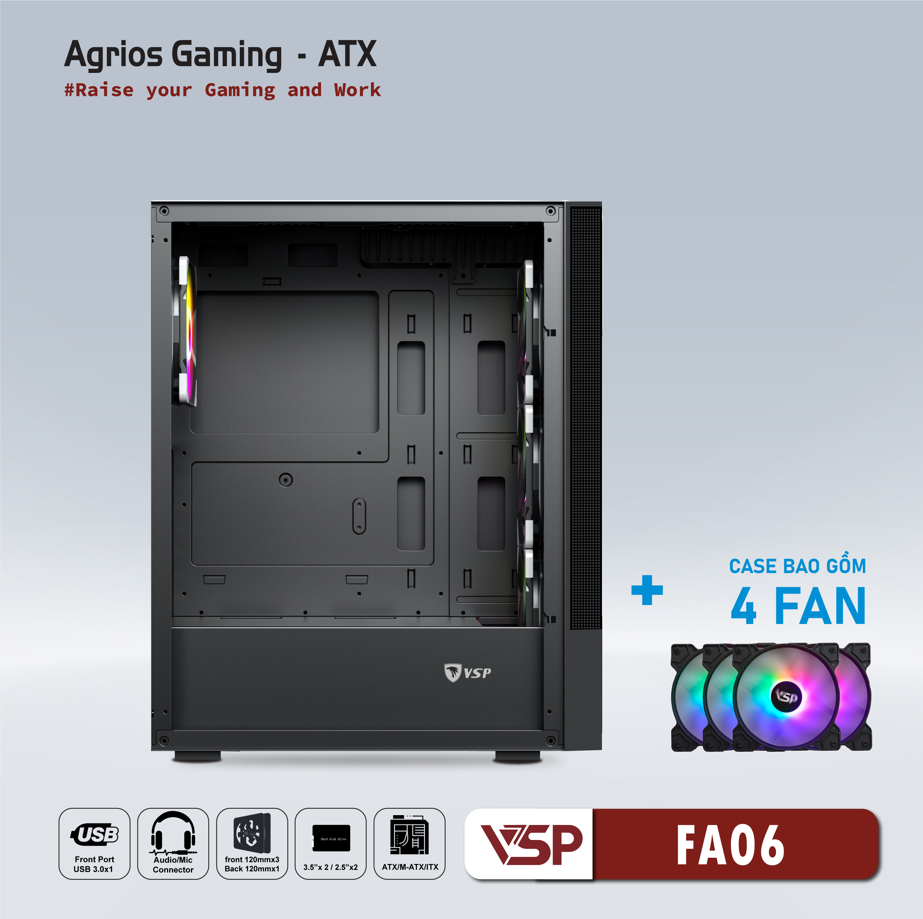 Vỏ máy tính Case VSP FA06 [ĐEN] sẵn 4 Fan LED ARGB Gaming Kính cường lực (ATX, mATX, ITX) - Hàng chính hãng Tech Vision phân phối