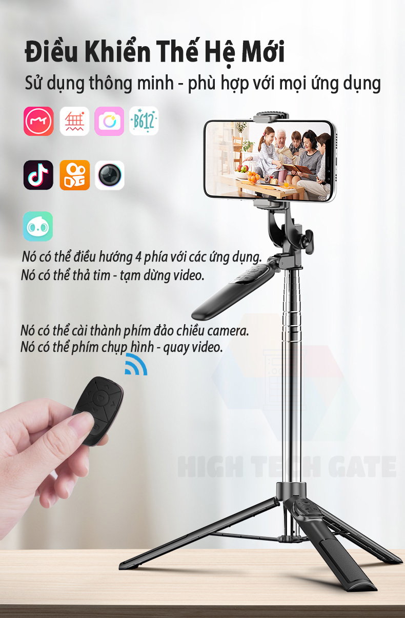 Gậy Chụp Hình Tay Cầm Chống Rung HighTechGate A36 Xoay 360º Chụp Toàn Cảnh, Điều Khiển Bluetooth Sử Dụng Được APP Tiện Lợi, Mở Rộng 160cm, Thu Gọn Cầm Tay Du Lịch 30cm, Hàng Chính Hãng