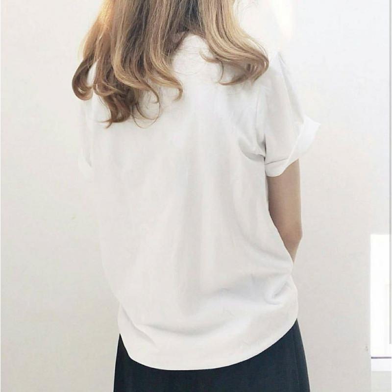 Áo thun nữ tay lỡ form rộng chữ M đeo nơ vải dày mịn TEEWOC13