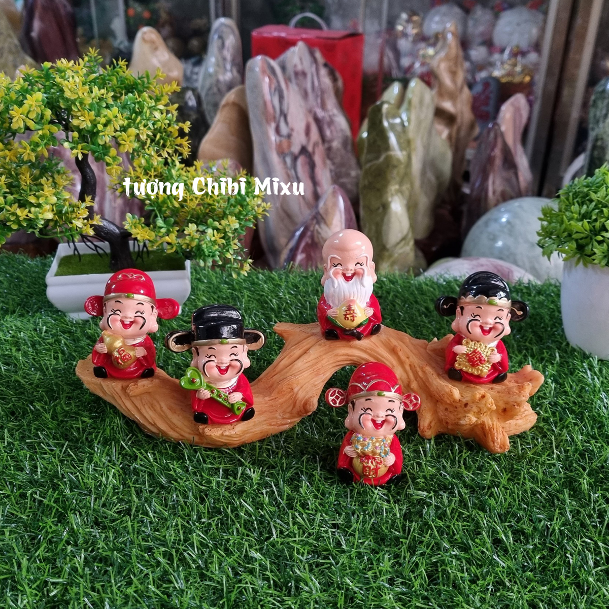 Bộ Ngũ Phúc 7cm kèm chân đế giả gỗ size nhỏ