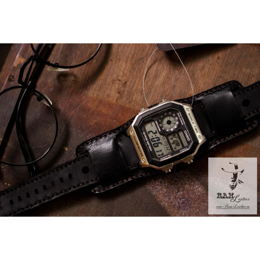 DÂY ĐỒNG HỒ DA BÒ ĐEN TUYỀN CHO CASIO AE1200 + B2 BUNDSTRAP