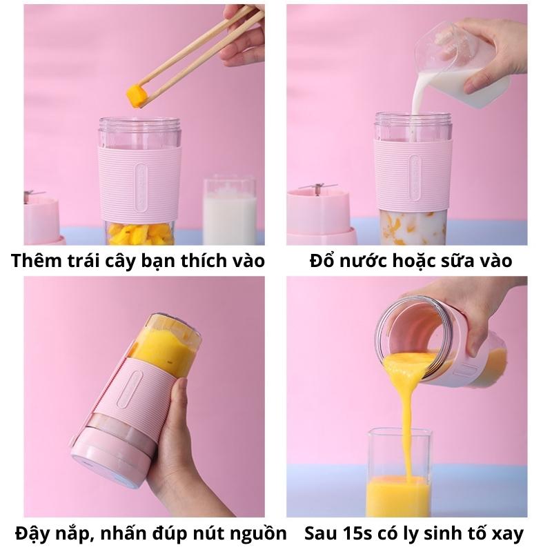 Máy Xay Sinh Tố Mini Cầm Tay 420ml 4 Lưỡi Dao Thép Không Gỉ Có Pin Sạc USB Bugu QH-09 - Hàng Chính Hãng