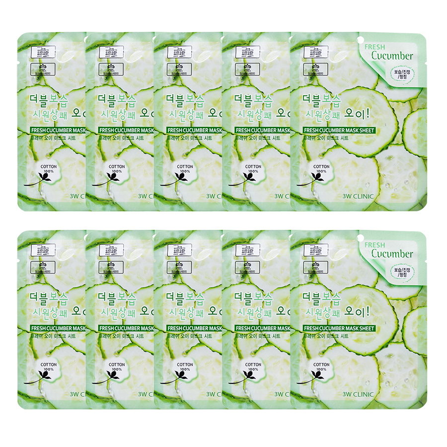 Combo 10 Gói Mặt Nạ Dưỡng Ẩm Da 3W Clinic Fresh Cucumber Jelly Mask Sheet Chiết Xuất Dưa Leo (23ml x 10)