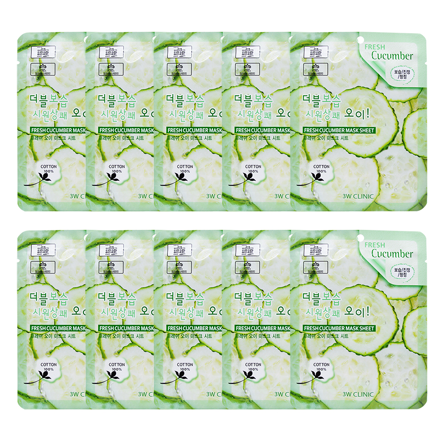 Combo 10 Gói Mặt Nạ Dưỡng Ẩm Da 3W Clinic Fresh Cucumber Jelly Mask Sheet Chiết Xuất Dưa Leo