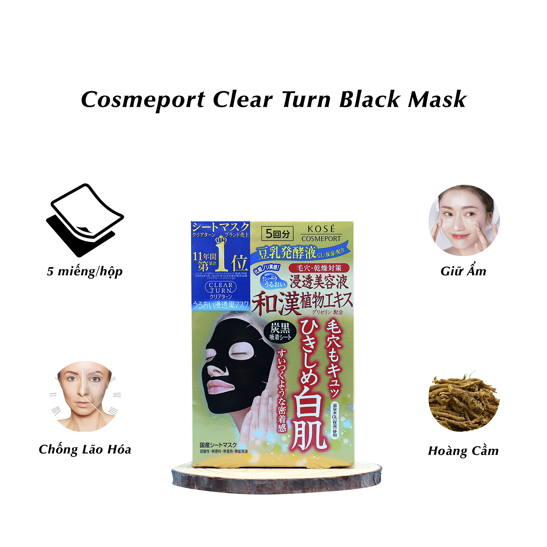 [NHẬT BẢN] Mặt Nạ Trắng Da, Se Khít Lỗ Chân Lông Kosé Cosmeport Clear Turn Black Mask	(5 Mặt Nạ/Hộp)