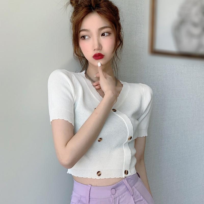 Áo Croptop Dệt Kim Tay Ngắn Cổ Chữ V Màu Trơn Thời Trang Cho Nữ