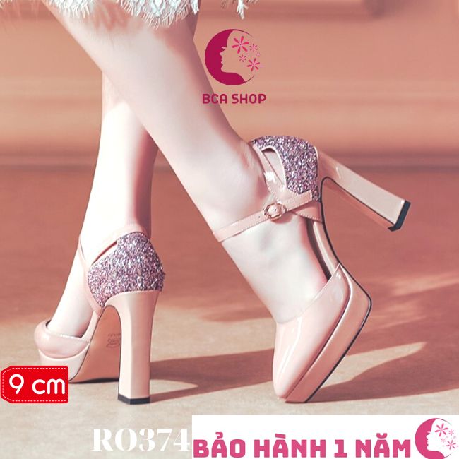 Giày cao gót nữ 9pRO374 thời trang nữ cao cấp ROSATA tại BCASHOP mũi nhọn, quai ngang, gót vuông - màu Nude