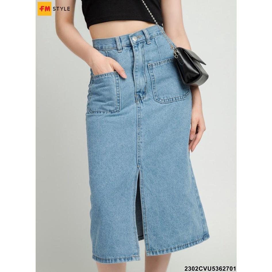 Chân váy jean nữ Fm Style kiểu dáng Midi Jean lưng cao dáng thiết kế xẻ trước thời trang Hàn Quốc 23020818