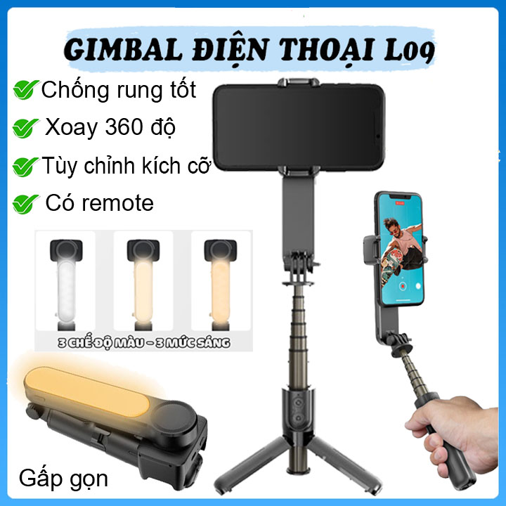 Gậy Tự Sướng Chống Rung L09 Có Đèn LED Kiểu Gimbal Tripod Dùng Cho Điện Thoại, Selfie Chụp Ảnh Bằng Remote Bluetooth 4.0