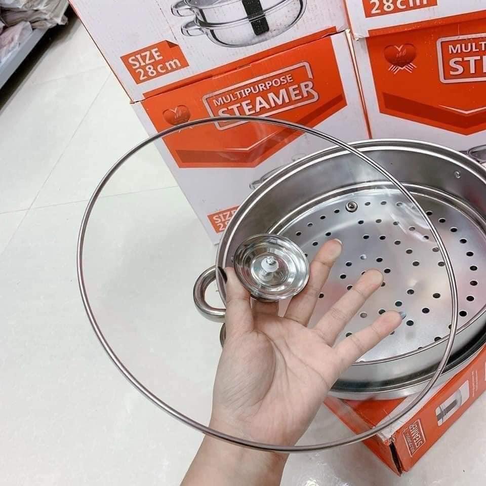 Nồi hấp inox 2 tầng nắp kính cao cấp 28cm dùng được mọi loại bếp