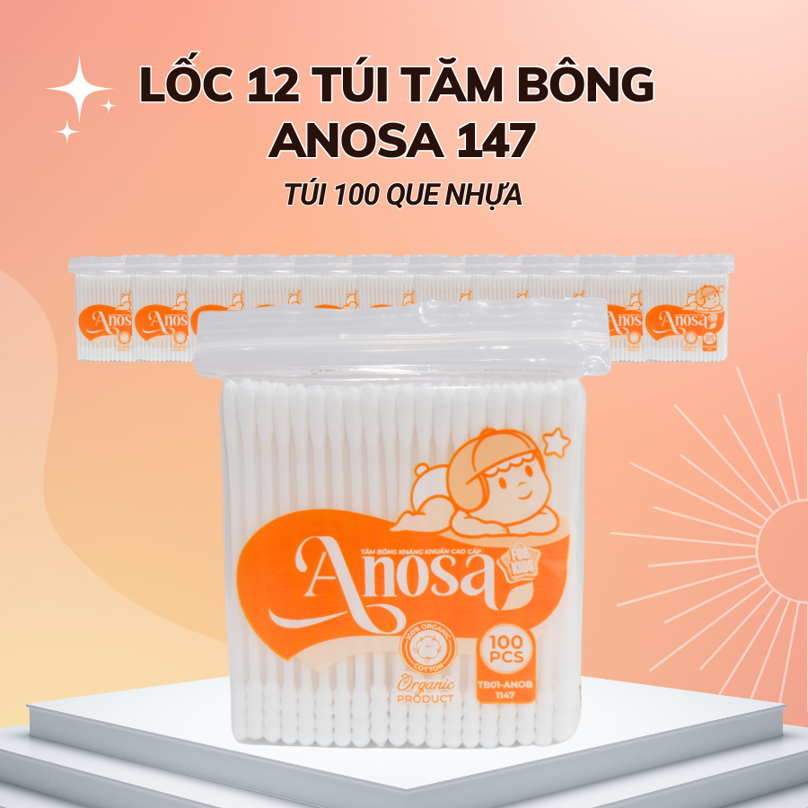 Lốc 12 gói Tăm bông Anosa trẻ em thân nhựa túi 100 que TB01-1147