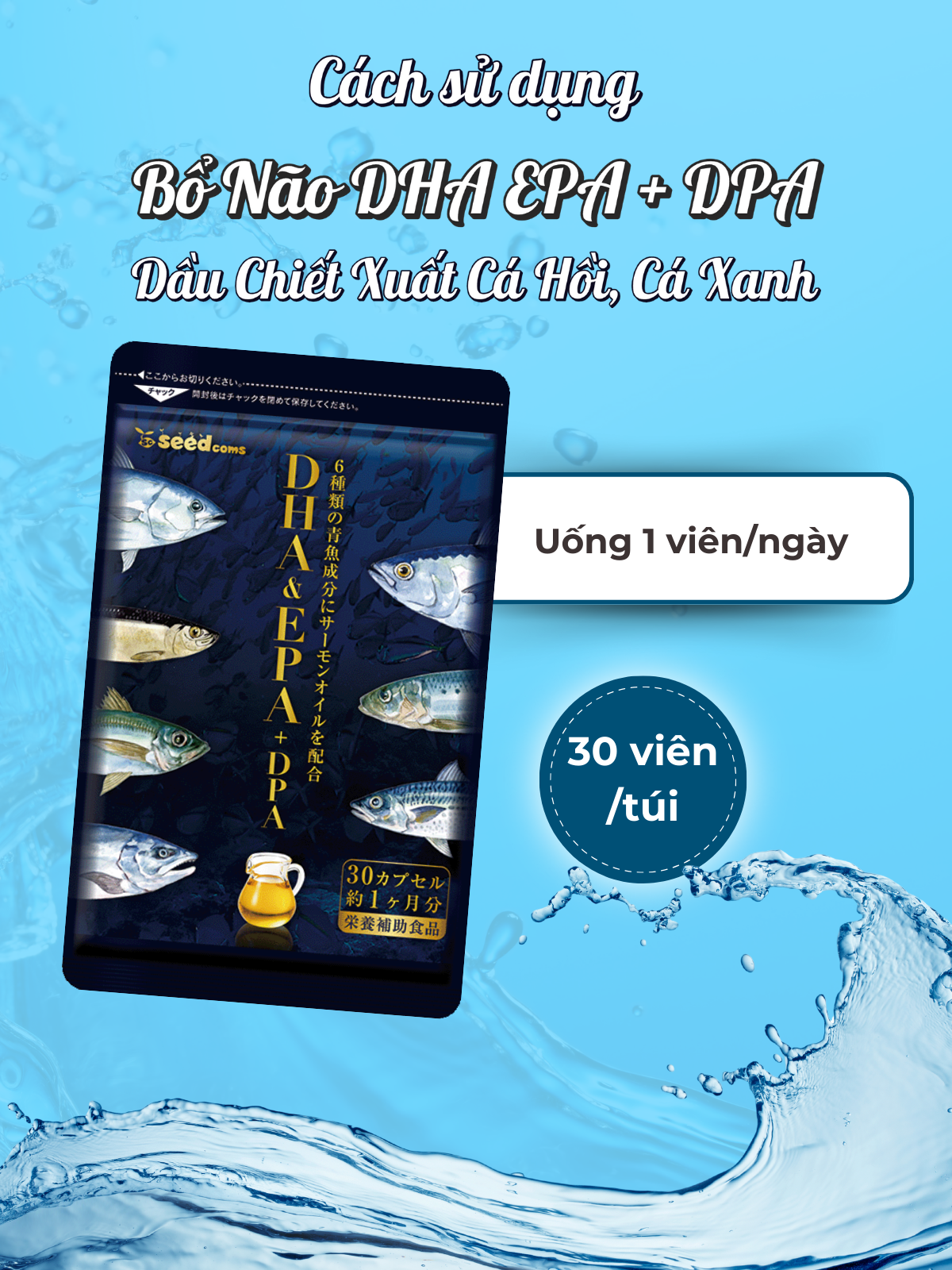 Viên Uống Bổ Não DHA EPA + DPA Dầu Chiết Xuất Cá Hồi, Cá Xanh Nhật Bản Seedcoms