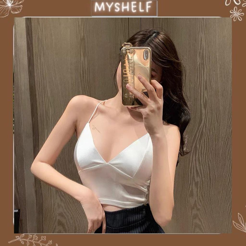 M37. Áo 2 dây croptop lụa satin thiết kế 8 khuy cài sau cá tính, áo bra lụa satin hot trend 2022 (có sẵn - miễn ship)