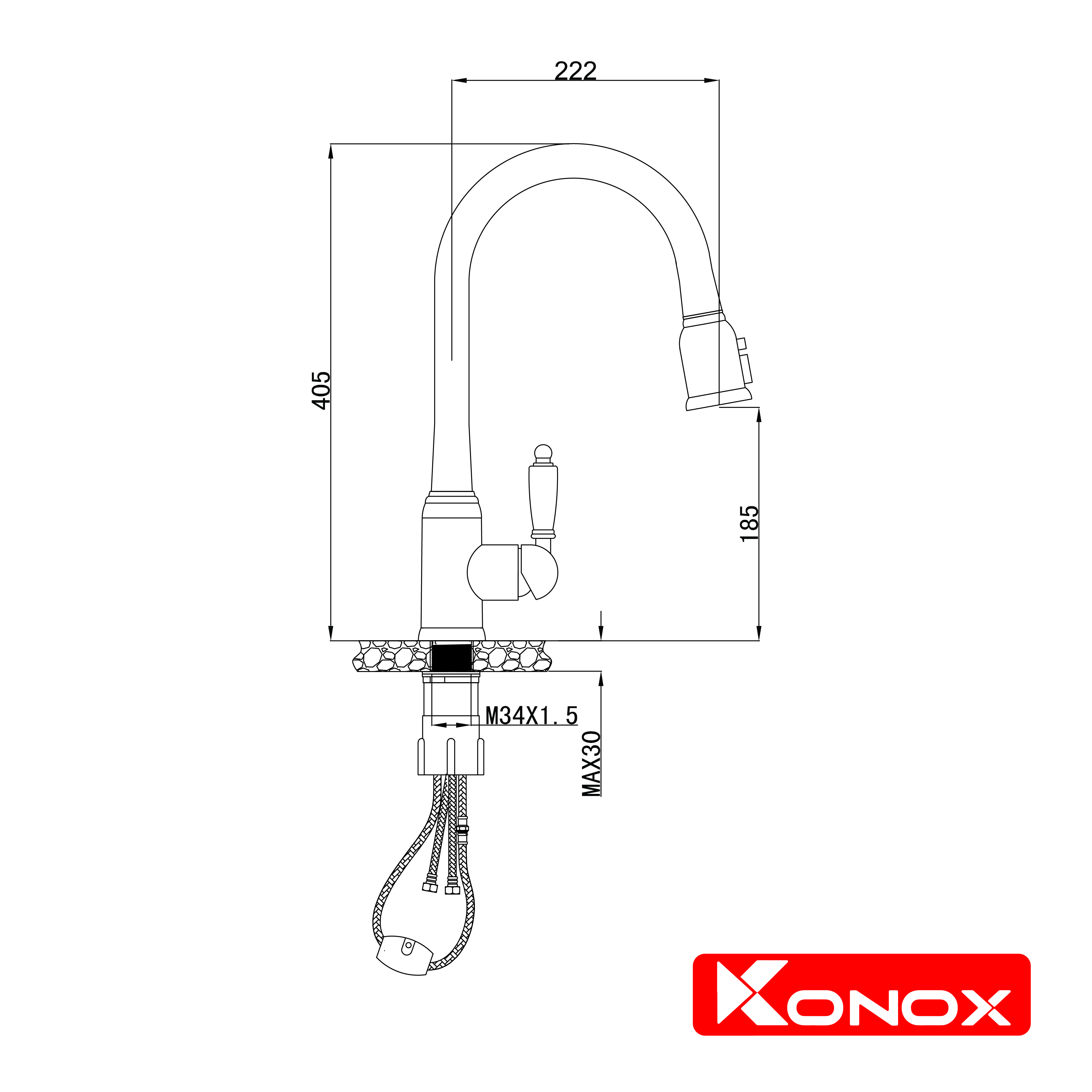 Vòi rửa bát rút dây Konox, Model KN1905, Inox 304AISI tiêu chuẩn châu Âu, mạ PVD 5 lớp sáng bóng, Hàng chính hãng